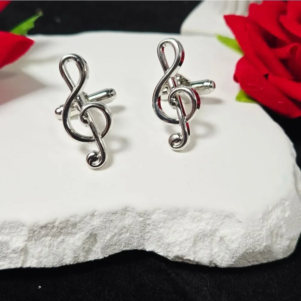 Silver Treble Clef Cufflinks Music Symbol Formal Wedding Gift Professional Wear